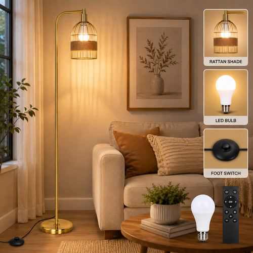Gold floor lamp rattan - lamp,, shade