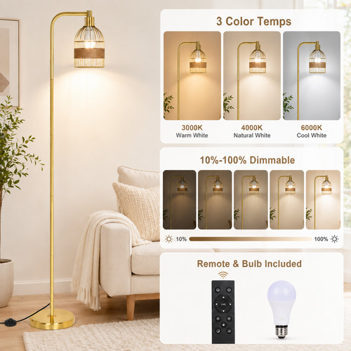 Gold floor lamp - gold, rattan