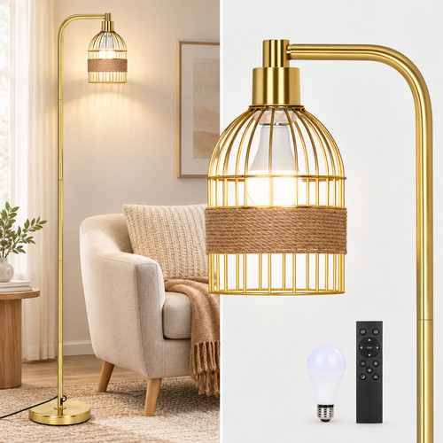 Gold floor lamp with rattan - with,
