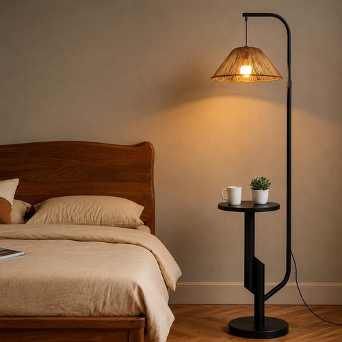 Rattan floor lamp with shelf - rattan,